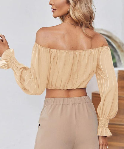 Fisoew Womens Elegant off the Shoulder Puff Sleeve Blouse Summer Chiffon Slim Fit Party Crop Top