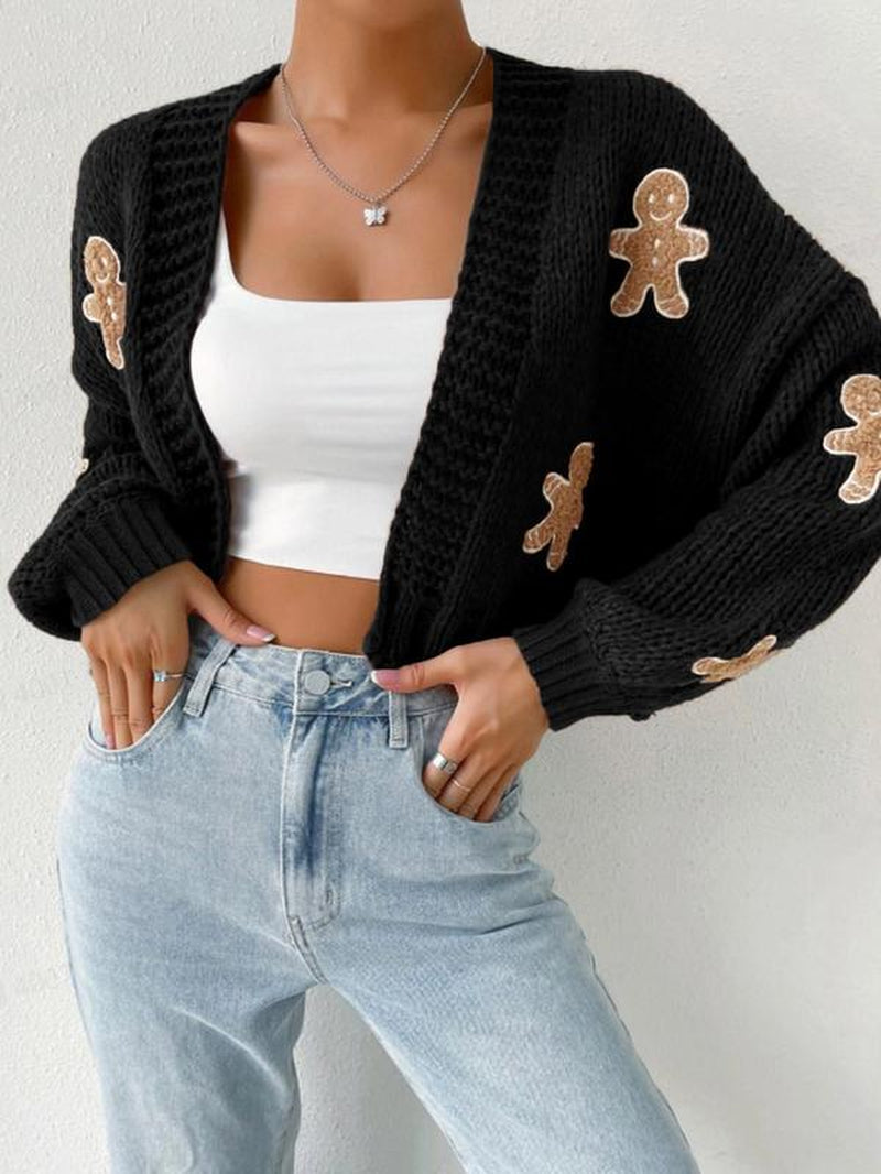 Women'S Cartoon Print Drop Shoulder Cardigan, Casual Long Sleeve Open Front Knitwear for Fall, Fall Clothes, Women'S Knit Clothing for Daily Wear, Going Out Outfits