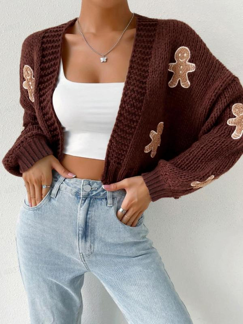 Women'S Cartoon Print Drop Shoulder Cardigan, Casual Long Sleeve Open Front Knitwear for Fall, Fall Clothes, Women'S Knit Clothing for Daily Wear, Going Out Outfits